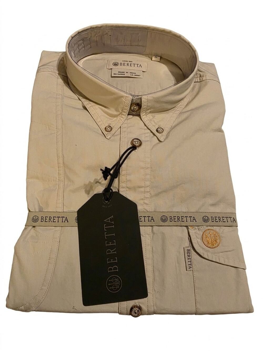 NWT Beretta Mens Large Tan Khaki Vented Shooting Shirt Long Sleeve Button Down